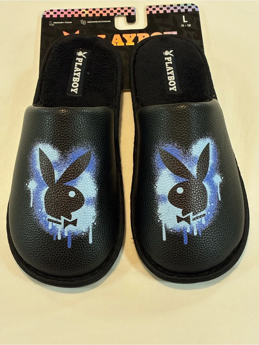 Playboy Men’s Black Indoor Slip-On Slippers with Blue Accent